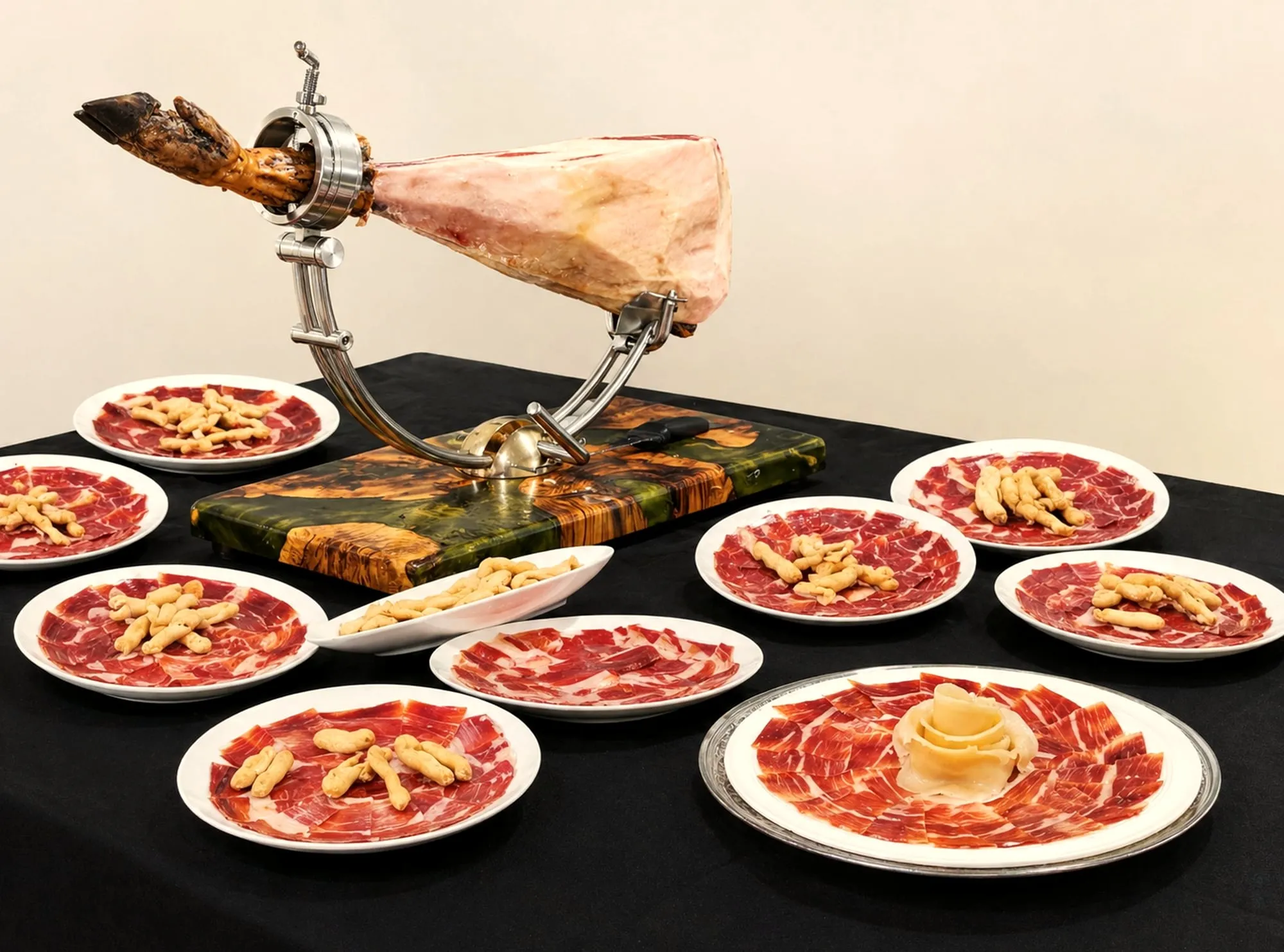 Farfurii cu jamón feliat în jurul unui suport de jamón, pregătite pentru un eveniment